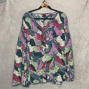 Emery Rose 5X Top Shirt Green Animal Print Zip V Neck Long Sleeve Casual P1